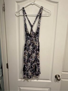 Free People Black Floral Mini Dress with Lavender and Cream Accents